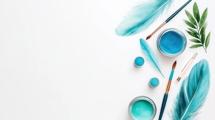 Boho watercolor feathers and jars art supplies creative space calm