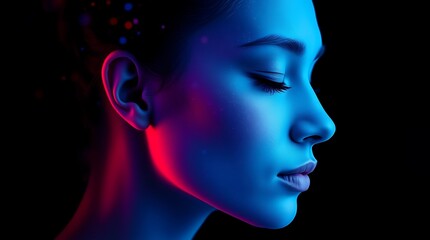 Obraz premium A dynamic profile of a human face dissolving into vibrant, fiery particles, symbolizing creativity, technology, and the evolution of human thought in the digital age