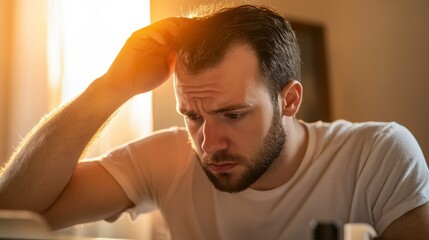 Obraz premium Stressed man contemplating solution, struggling with hair loss at home; discovering effective hair growth treatments and remedies.