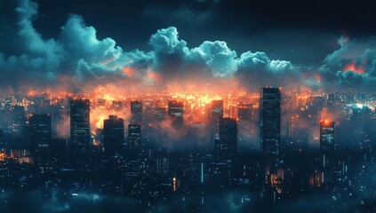 Fototapeta premium Stunning Nightscape of a Dystopian City Skyline Illuminated by Fires and Glowing Lights under Dramatic Clouds and Twilight Sky