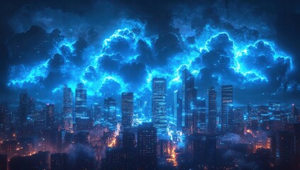 Fototapeta premium Stunning Nightscape of a Futuristic City Skyline Illuminated by Vibrant Electric Blue Clouds and City Lights Under a Dramatic Dark Sky