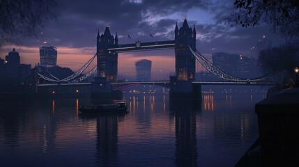 Tower Bridge, London, twilight, cityscape, reflection.