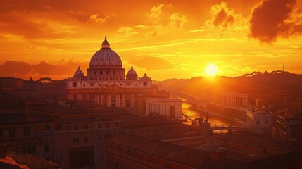 Obraz premium St. Peter's Basilica sunset, Roman cityscape.