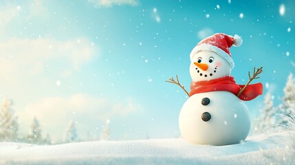 Fototapeta premium A cheerful snowman with a carrot nose coal eyes and a red scarf standing in a snowy field with an open sky backdrop creating a festive and winter themed scene