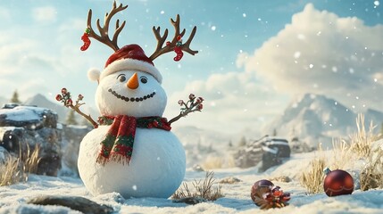 Cheerful snowman with reindeer antlers and festive standing in a serene snowy landscape with a blank area in the sky for text overlay or copyspace