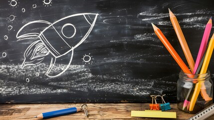 A black chalkboard with a hand-drawn rocket and stars, colorful pencils, and school supplies on a rustic wooden table.