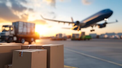 Freight truck loading cargo at the airport with airplane in the background for logistics and transportation