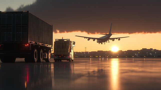 Freight truck loading cargo at the airport with airplane in the background for logistics and transportation