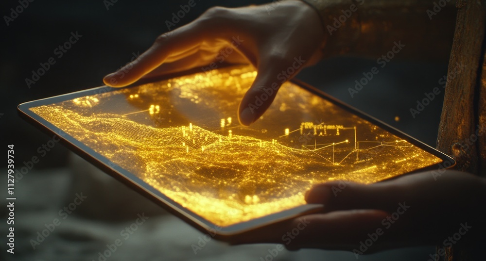 Poster Hands interacting with a glowing digital map on a tablet.
