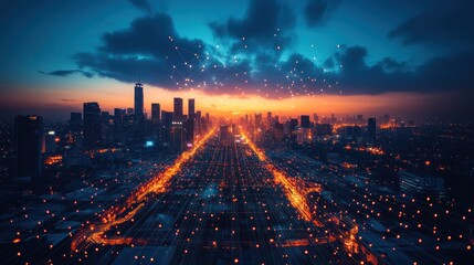 Fototapeta premium Night cityscape with glowing network connections.