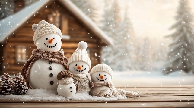 Whimsical Winter Wonderland A charming snowman family each adorned with unique accessories standing in front of a cozy wooden cabin in a snowy landscape creating a festive and inviting atmosphere