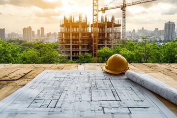 Blueprints and tools with hardhats on construction site
