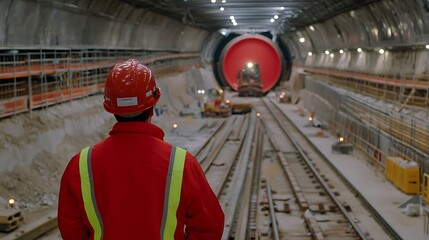 Construction worker observing a tunnel boring machine in an underground tunnel for infrastructure development