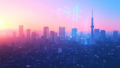 Fototapeta premium Vibrant Cityscape at Sunset with Digital Elements Representing Technology and Innovation Over Urban Skyline in a Modern Metropolis