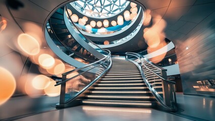 Looking up, a spiral staircase bounded from the bottom. Dubai, United Arab Emirates: Museum of the Future.