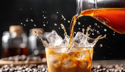 A refreshing iced coffee being poured into a glass, showcasing splashes and ice cubes, with coffee beans and jars in the background.