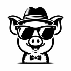 Happy Piglet With Sunglasses black and white image