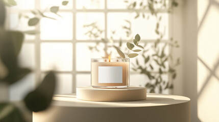 Elegant Glass Candle with Warm Glow and Eucalyptus Leaves in Soft Sunlit Interior