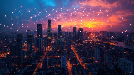 Fototapeta premium Vibrant cityscape at sunset with network connections overlay.