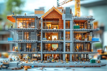 The construction of a high-rise residential building from blocks and bricks is underway
