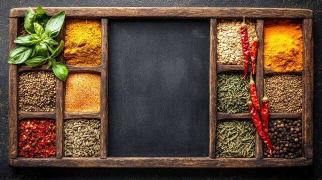 Assorted spices in wooden box with chalkboard. - Powered by Adobe