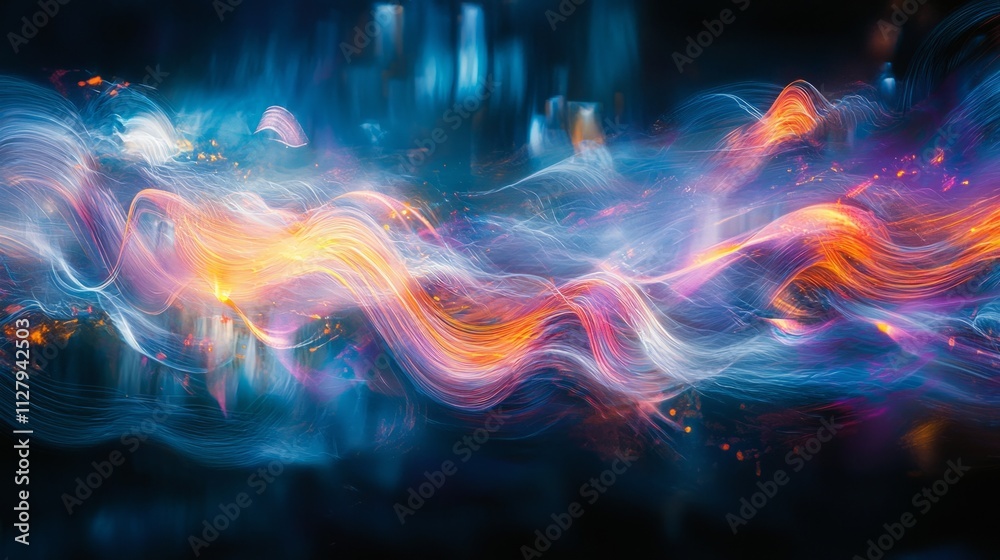 Poster Swirling streams of light create a vivid tapestry against a dark backdrop, capturing the essence of motion and energy. Vibrant hues evoke a sense of wonder and excitement