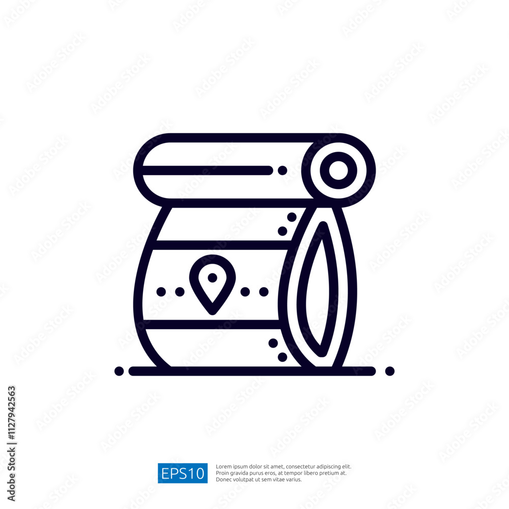 Poster a simple line drawing of a rolled-up map or scroll, featuring a location pin, symbolizing navigation
