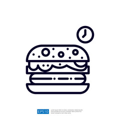 A simple line drawing of a hamburger with toppings and a clock icon, suggesting a focus on food and time, possibly indicating meal planning or fast food.