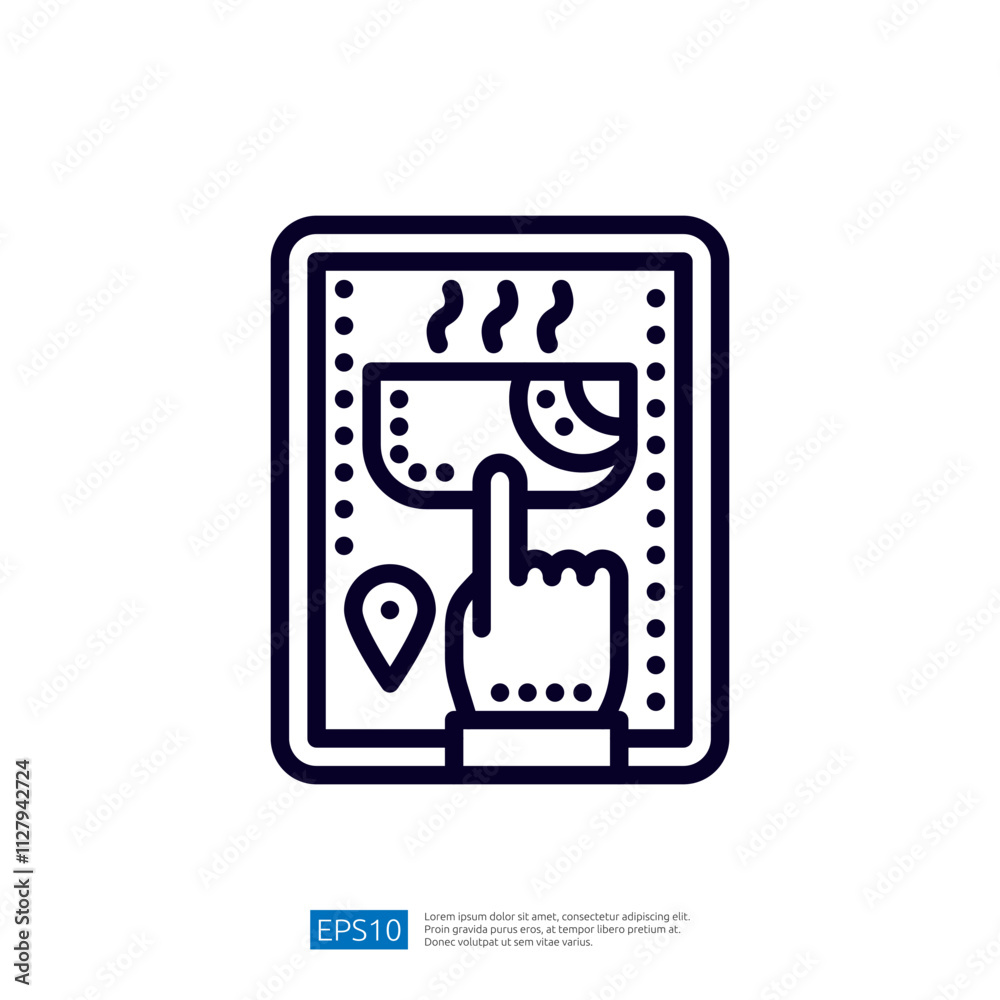 Poster this image depicts a hand interacting with a touchscreen displaying a cup of steaming beverage, sugg