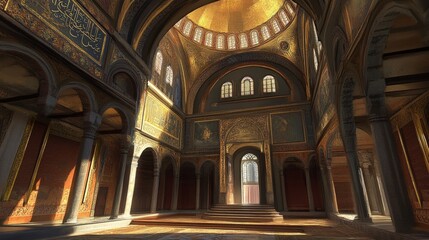 Fototapeta premium Sunlit opulent hall, golden dome, intricate mosaics.