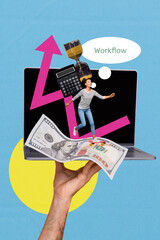 Vertical photo collage of happy businesswoman run arrow success dollar banknote calculator hourglass laptop isolated on painted background