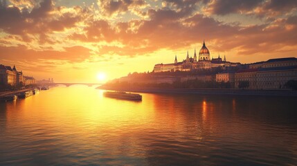 Obraz premium Golden sunrise, river, Budapest Parliament, boat.