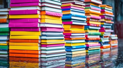 A colorful stack of books with vibrant covers, symbolizing education, knowledge, and literature in a playful, lively atmosphere