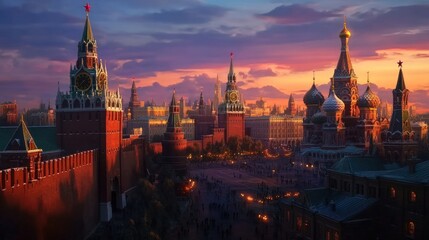 Obraz premium Red Square, Moscow sunset, Kremlin towers, St. Basil's.