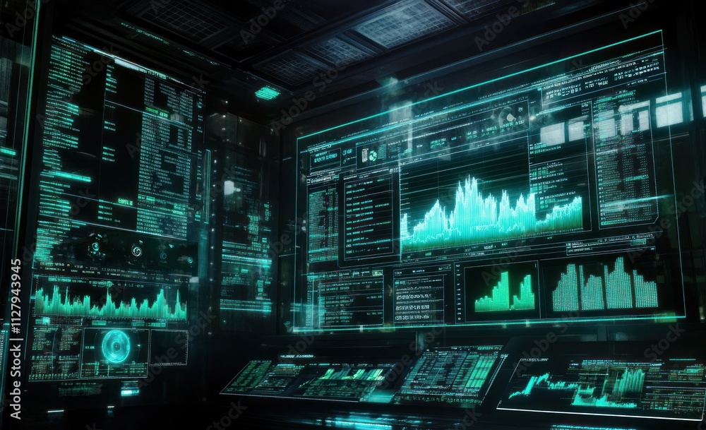 Poster futuristic digital control room with holographic displays showing data, graphs, and charts.
