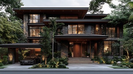 Luxurious modern house with dark stone exterior, large windows, and tropical landscaping.