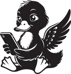A cute duckling sitting and looking at a smartphone silhouette vector illustration