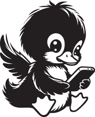 A cute duckling sitting and looking at a smartphone silhouette vector illustration