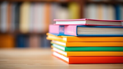 Fototapeta premium A colorful stack of books with vibrant covers, symbolizing education, knowledge, and literature in a playful, lively atmosphere