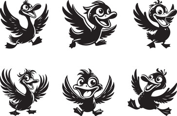 Playful cartoon duck set vector, Playful cartoon duck silhouette vector, Playful cartoon duck line art vector illustration