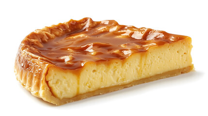 Slice of flan with caramel topping on white background