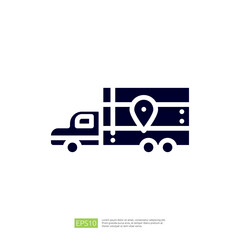 A graphic illustration of a delivery truck with a location pin, symbolizing logistics and transportation services.