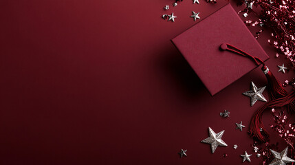 red graduation cap with silver stars and tassel on burgundy background