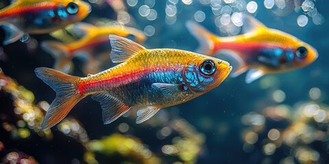 Naklejka premium Neon tetras display their striking blue and red colors while swimming among lush aquatic plants in a beautifully maintained freshwater tank