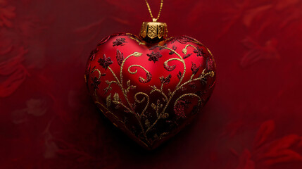 red heart shaped christmas ornament with golden details on red background