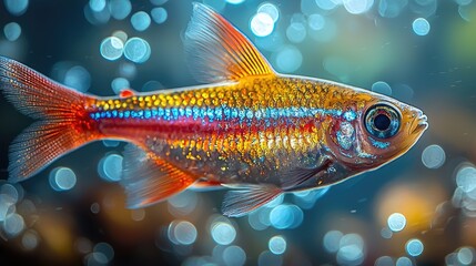 A radiant neon tetra glides through the clear waters of a freshwater tank, surrounded by gentle bubbles and a colorful aquatic backdrop, showcasing its stunning hues