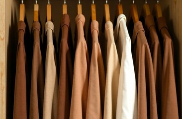 Close-up of hangers with clothes in a row. Clothes in the closet, in brown and beige colors. Trendy wardrobe, fashion concept