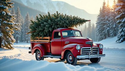 Vintage red truck carries large Christmas tree through snowy winter landscape. Snowy road winds through winter wonderland. Truck represents festive spirit of Christmas. Scenic winter landscape with