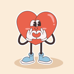 groovy heart character for Valentines day illustration. Retro cartoon style valentines day.