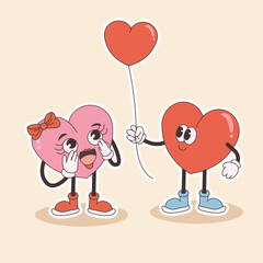 groovy heart character for Valentines day illustration. Retro cartoon style valentines day.